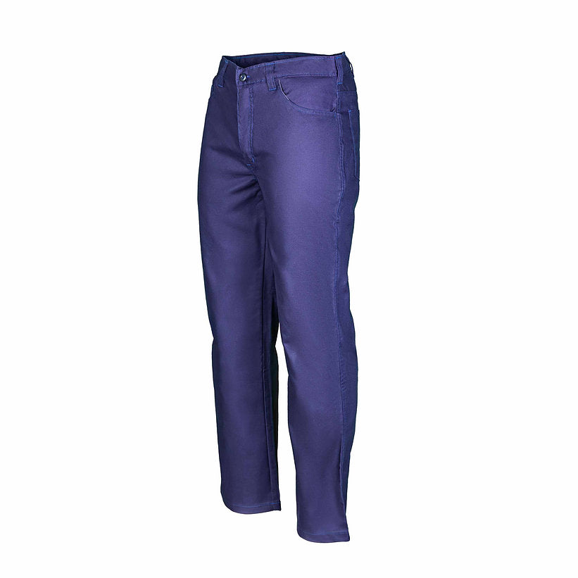 Side view of navy blue trouser with white background