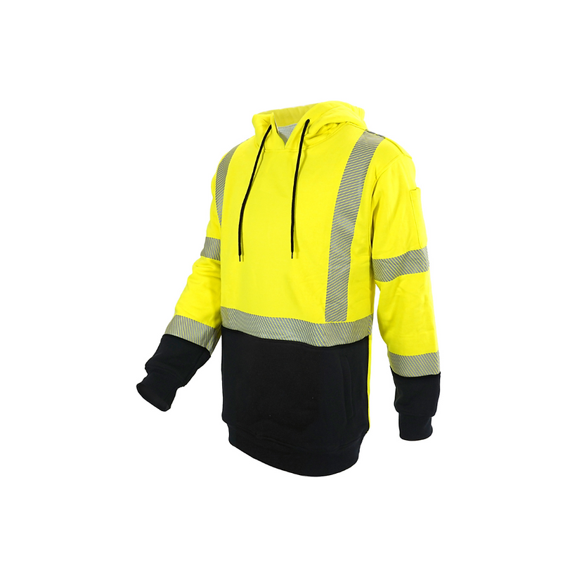 Hi-vis yellow shirt with reflective strips & black bottom