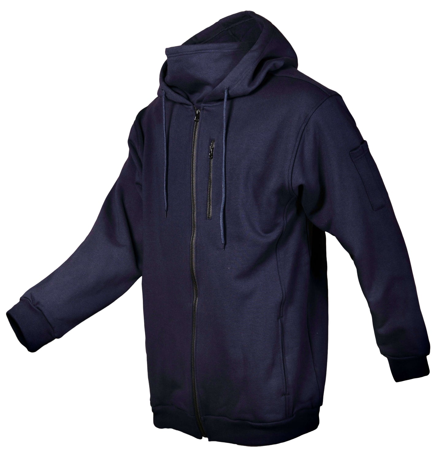 Navy front zip hoodie with white background