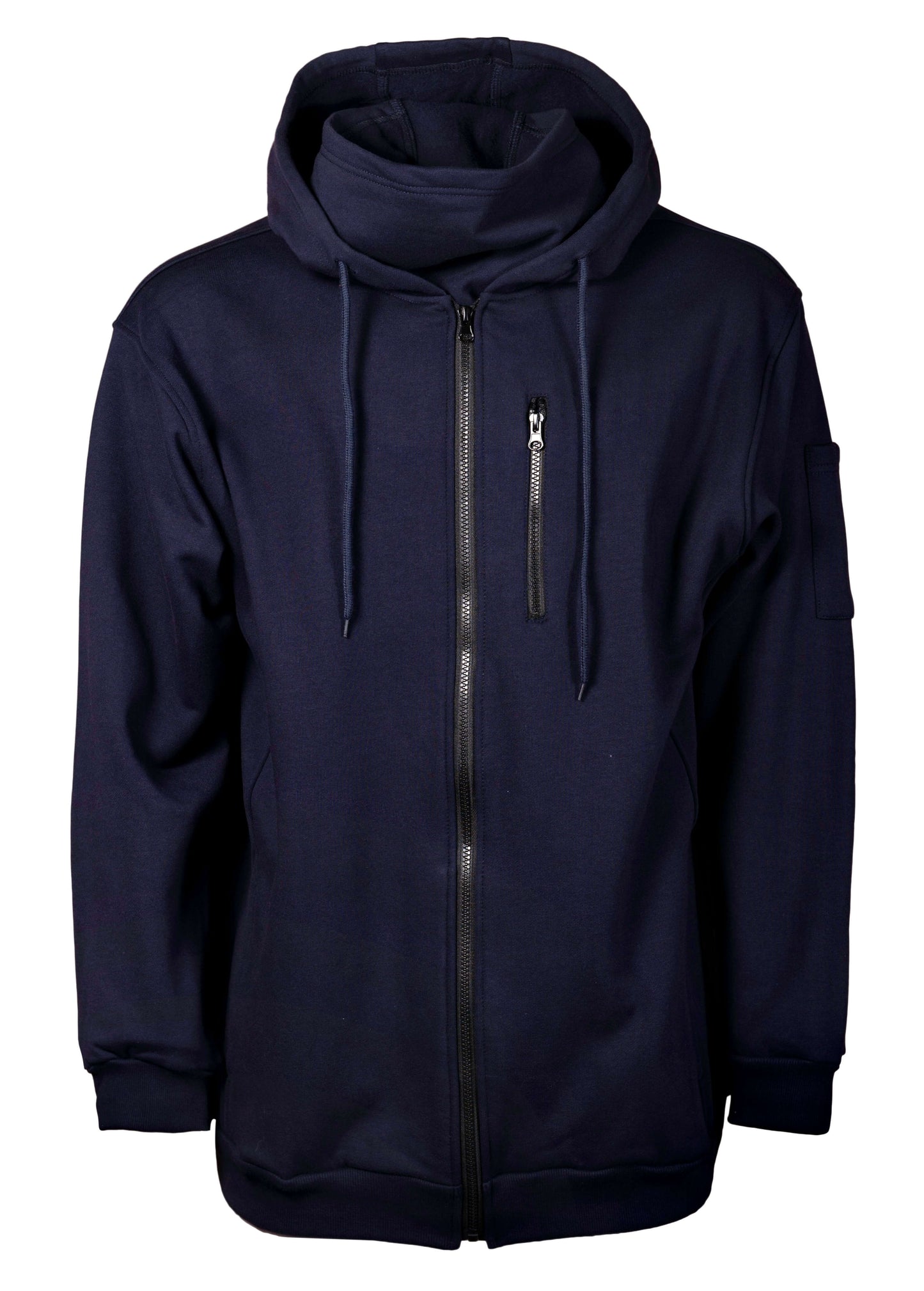 Front view of navy zip hoodie with white background