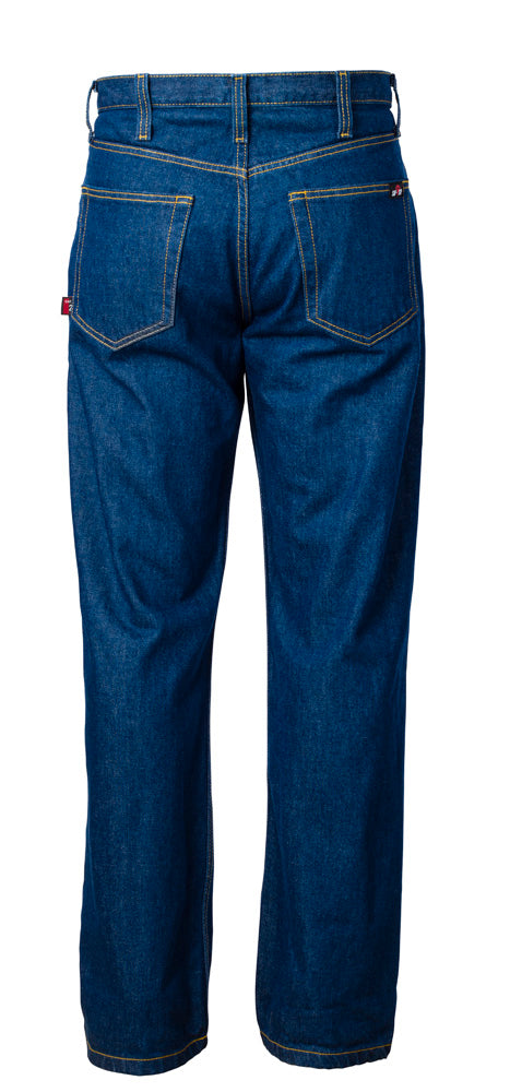 Back side of FR relaxed fit jeans with white background