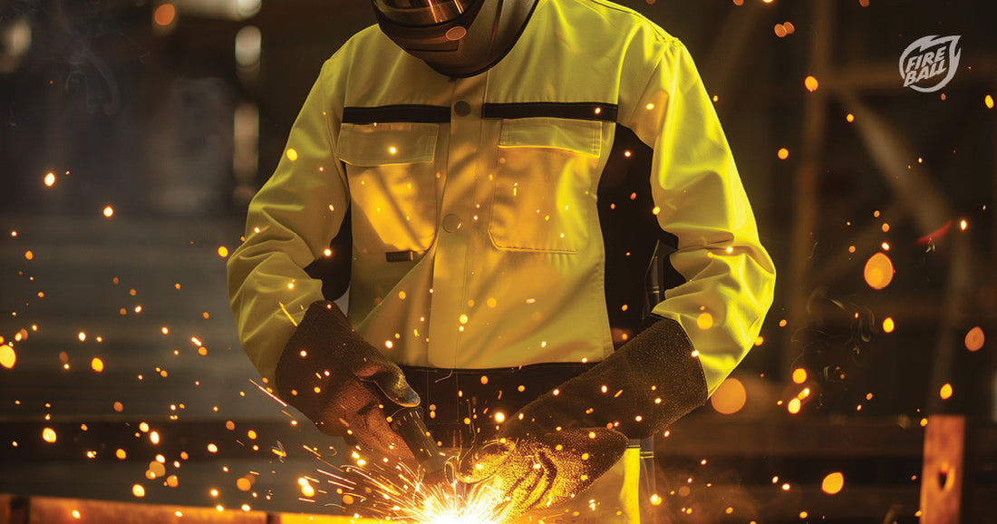 Man in high-vis shirt welding with bright sparks flying.