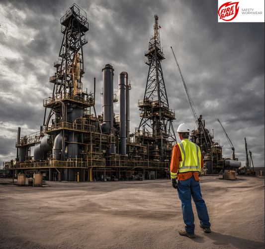 A worker in a hi-vis safety vest at an oil and gas processing plant