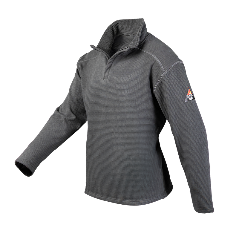 A gray, flame-resistant fleece quarter-zip jacket. It's designed for comfort, durability, and protection against arc flash and flames. Ideal for construction, industrial, and outdoor workers.