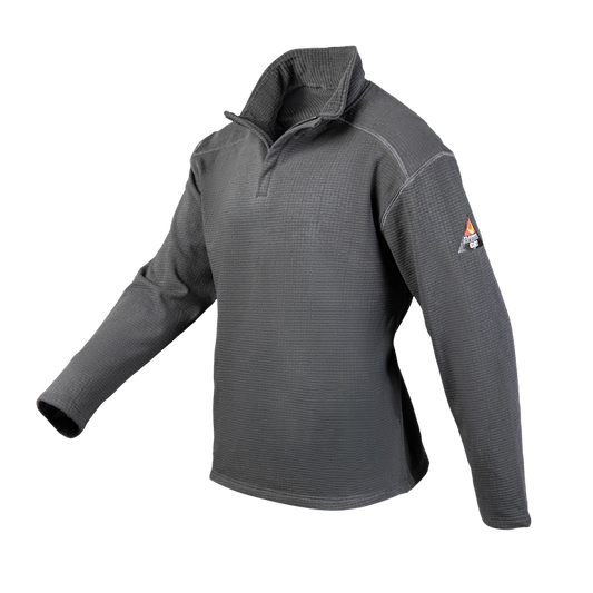 A gray, flame-resistant fleece quarter-zip jacket. It's designed for comfort, durability, and protection against arc flash and flames. Ideal for construction, industrial, and outdoor workers.