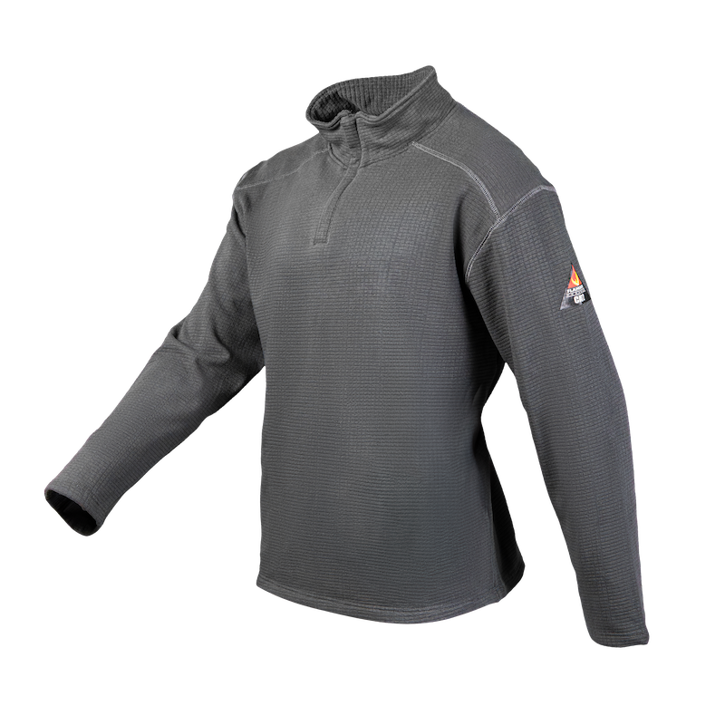 A gray, flame-resistant fleece quarter-zip jacket. It's designed for comfort, durability, and protection against arc flash and flames. Ideal for construction, industrial, and outdoor workers.