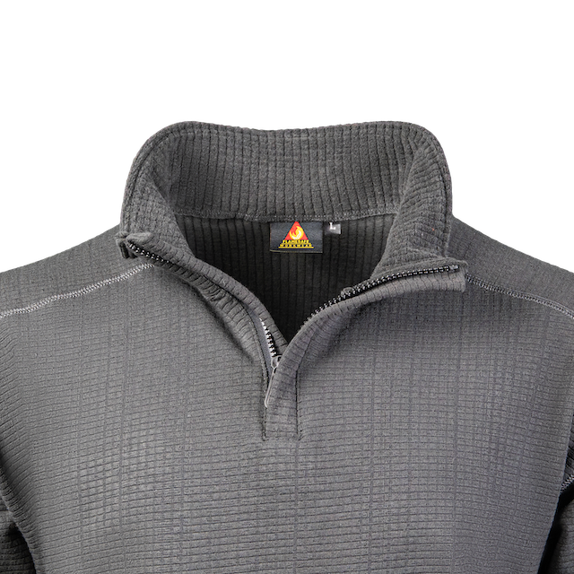 A gray, flame-resistant fleece quarter-zip jacket. It's designed for comfort, durability, and protection against arc flash and flames. Ideal for construction, industrial, and outdoor workers.