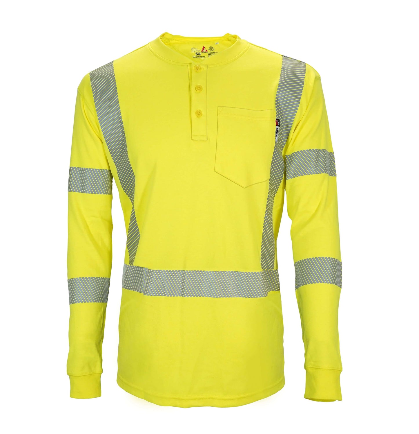 A long-sleeve Henley shirt with a high-visibility gray stripe down the front and back. It's designed to be flame-resistant and provides protection against arc flashes and other workplace hazards. The shirt is perfect for construction workers, road crews, and traffic control personnel.