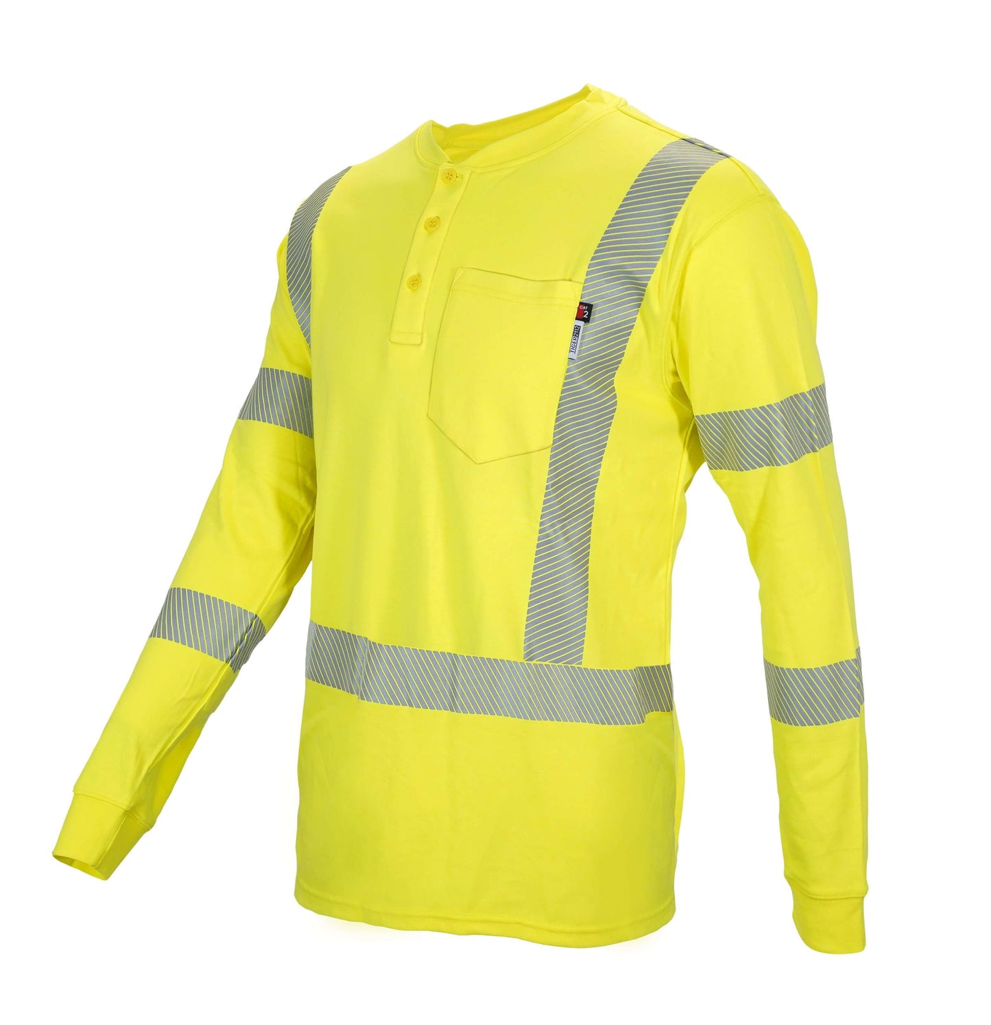 A long-sleeve Henley shirt with a high-visibility gray stripe down the front and back. It's designed to be flame-resistant and provides protection against arc flashes and other workplace hazards. The shirt is perfect for construction workers, road crews, and traffic control personnel.