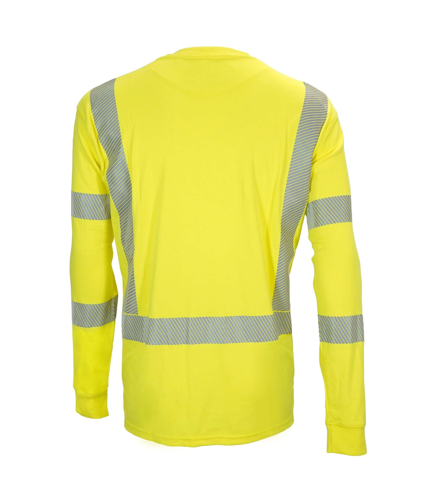 A long-sleeve Henley shirt with a high-visibility gray stripe down the front and back. It's designed to be flame-resistant and provides protection against arc flashes and other workplace hazards. The shirt is perfect for construction workers, road crews, and traffic control personnel.