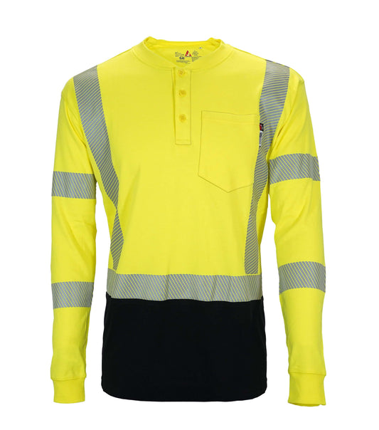 A long-sleeve Henley shirt with a high-visibility stripe down the front and back. It's designed to be flame-resistant and provides protection against arc flashes and other workplace hazards. The shirt is perfect for construction workers, road crews, and traffic control personnel.