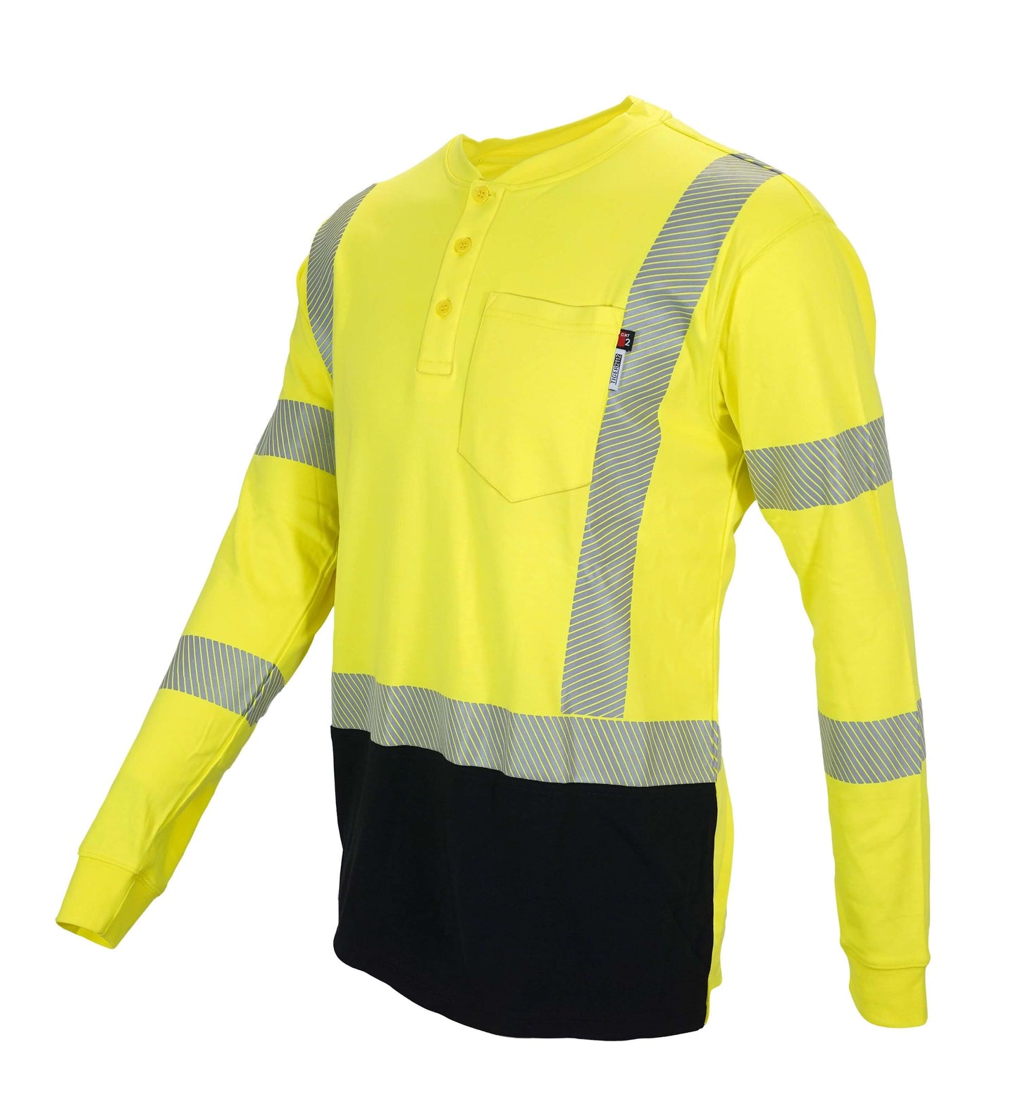 A long-sleeve Henley shirt with a high-visibility stripe down the front and back. It's designed to be flame-resistant and provides protection against arc flashes and other workplace hazards. The shirt is perfect for construction workers, road crews, and traffic control personnel.