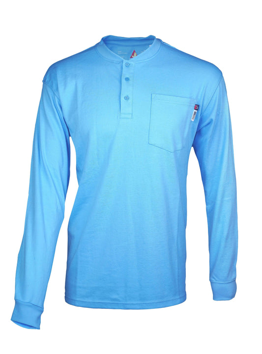 A sky blue Henley shirt. The shirt is flame-resistant and provides protection against arc flashes and other workplace hazards. It's made from a comfortable, breathable fabric and is perfect for construction, industrial, and outdoor workers.