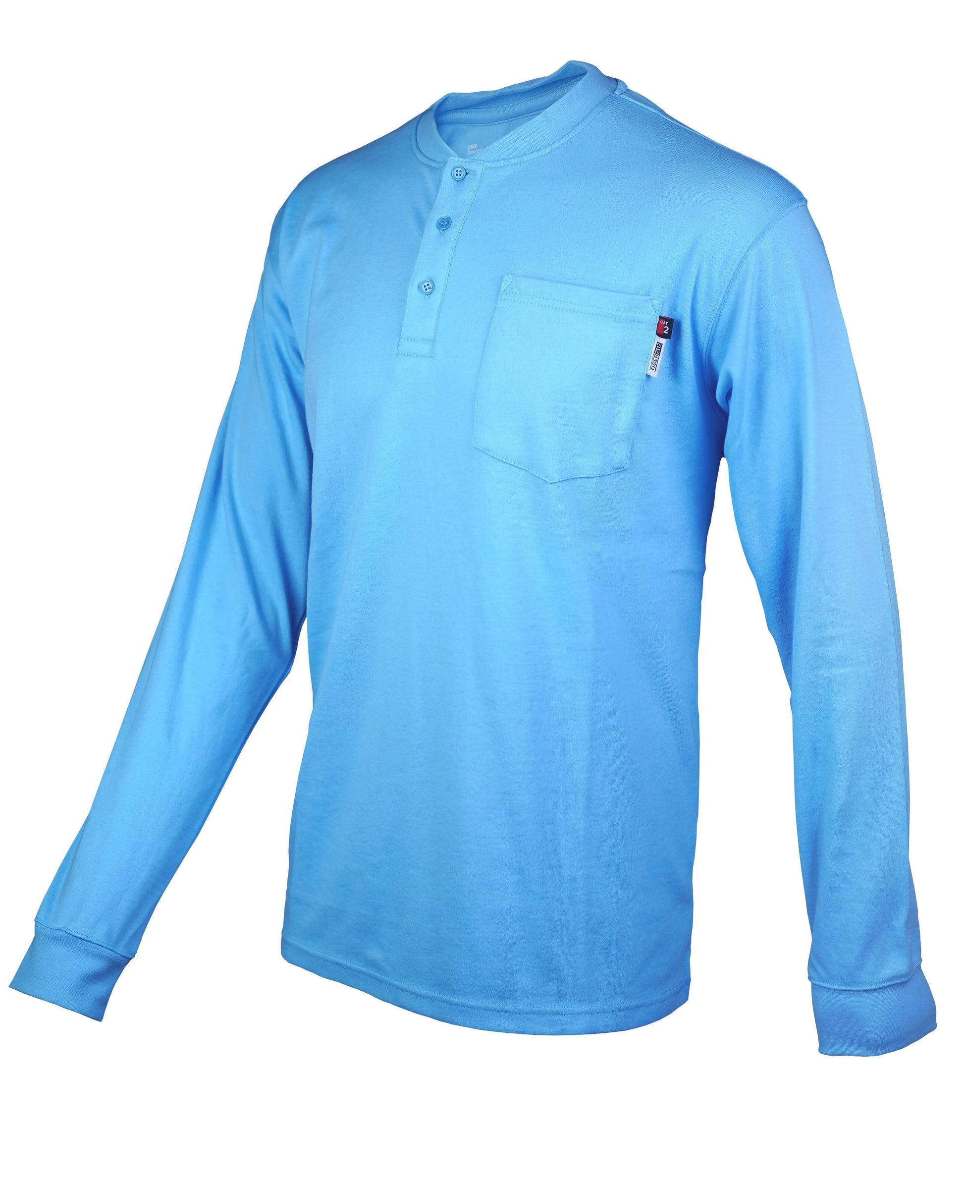 A sky blue Henley shirt. The shirt is flame-resistant and provides protection against arc flashes and other workplace hazards. It's made from a comfortable, breathable fabric and is perfect for construction, industrial, and outdoor workers.