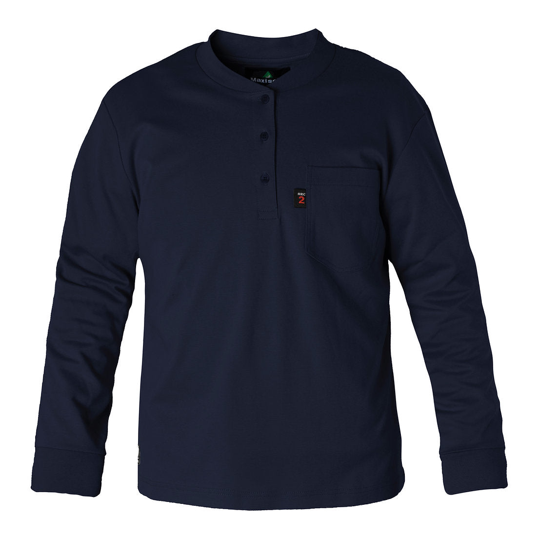 A navy Henley shirt with a Fireball Workwear logo. The shirt is flame-resistant and provides protection against arc flashes and other workplace hazards. It's made from a comfortable, breathable fabric and is perfect for construction, industrial, and outdoor workers.