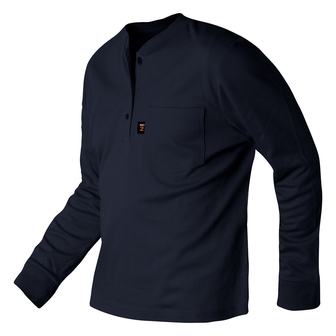 A navy Henley shirt with a Fireball Workwear logo. The shirt is flame-resistant and provides protection against arc flashes and other workplace hazards. It's made from a comfortable, breathable fabric and is perfect for construction, industrial, and outdoor workers.