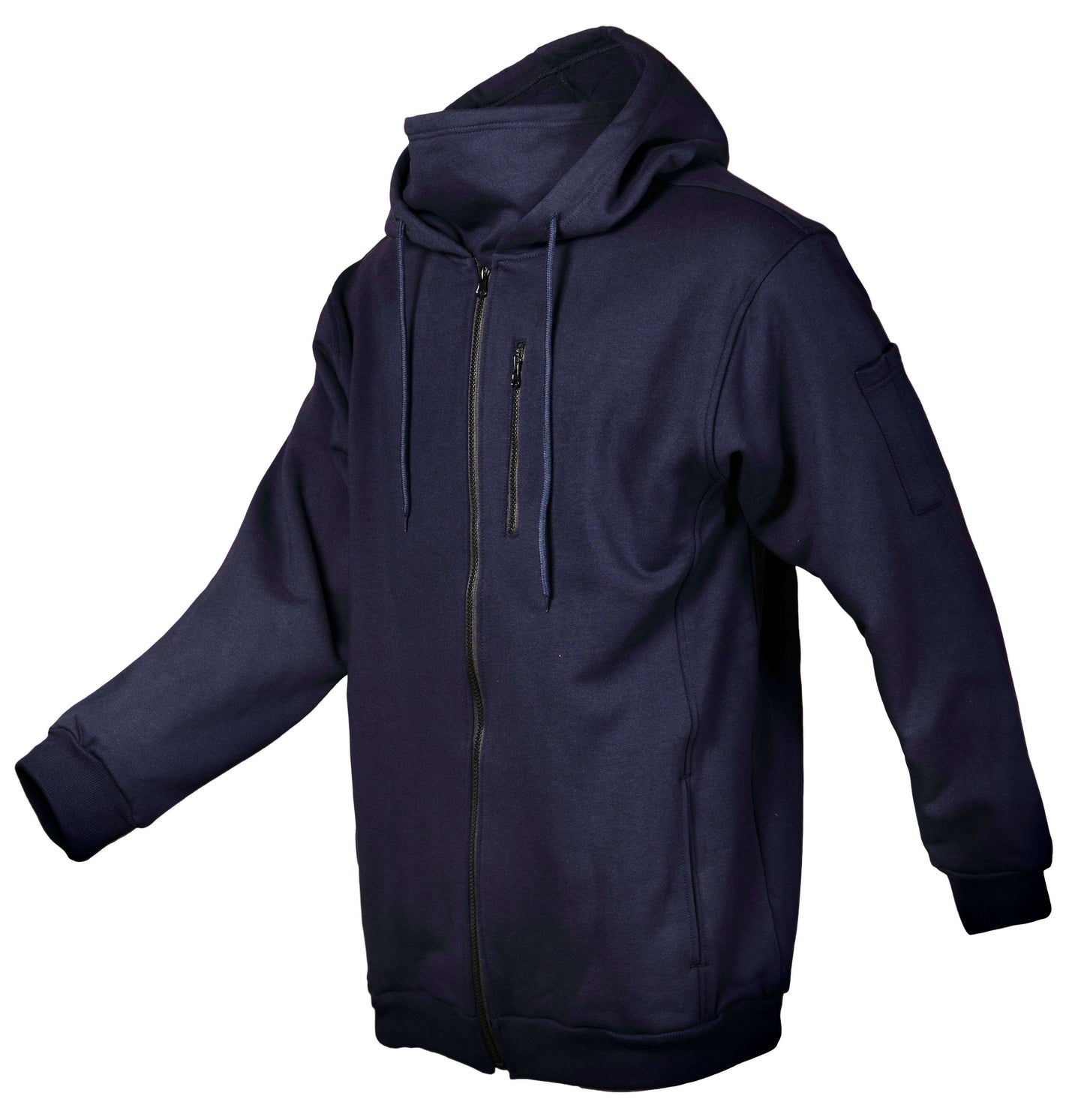 Navy fleece hoodie with. The hoodie is flame-resistant and provides warmth and protection against arc flashes and other workplace hazards. It's perfect for construction, welding, and outdoor workers.