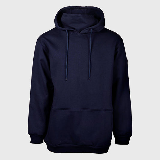 Navy fleece hoodie. The hoodie is flame-resistant and provides warmth and protection against arc flashes and other workplace hazards. It's perfect for construction, welding, and outdoor workers.