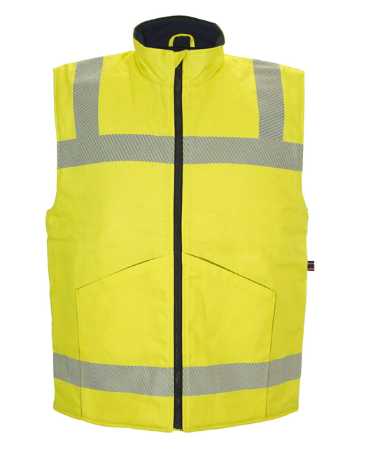 A yellow, high-vis winter vest. It's designed to be flame-resistant and provides warmth and protection for workers in cold weather conditions. The vest has a zip closure and multiple pockets.