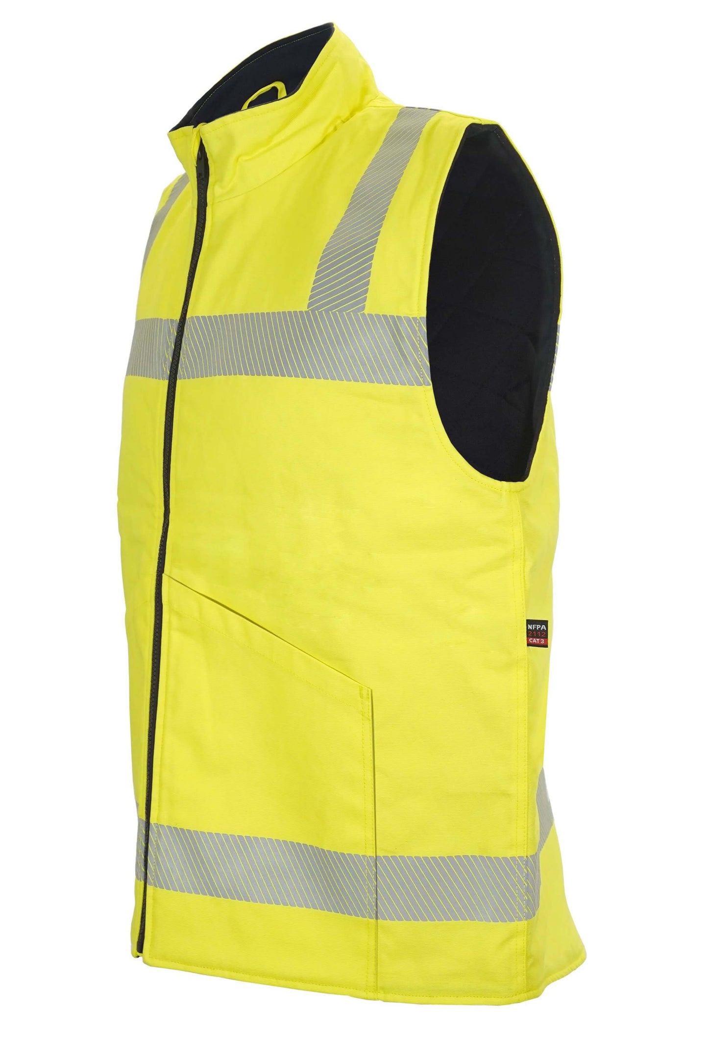 A yellow, high-vis winter vest. It's designed to be flame-resistant and provides warmth and protection for workers in cold weather conditions. The vest has a zip closure and multiple pockets.