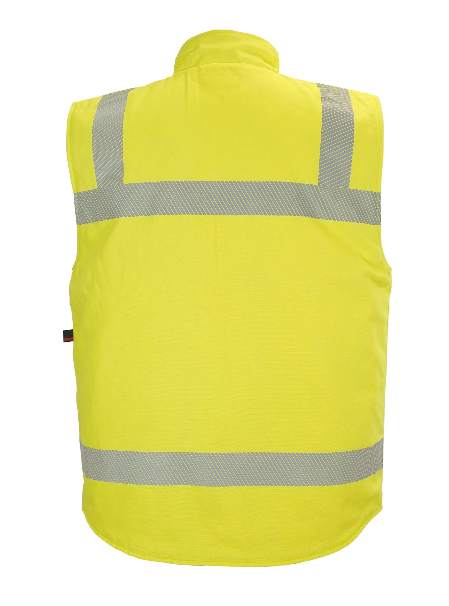 A yellow, high-vis winter vest. It's designed to be flame-resistant and provides warmth and protection for workers in cold weather conditions. The vest has a zip closure and multiple pockets.