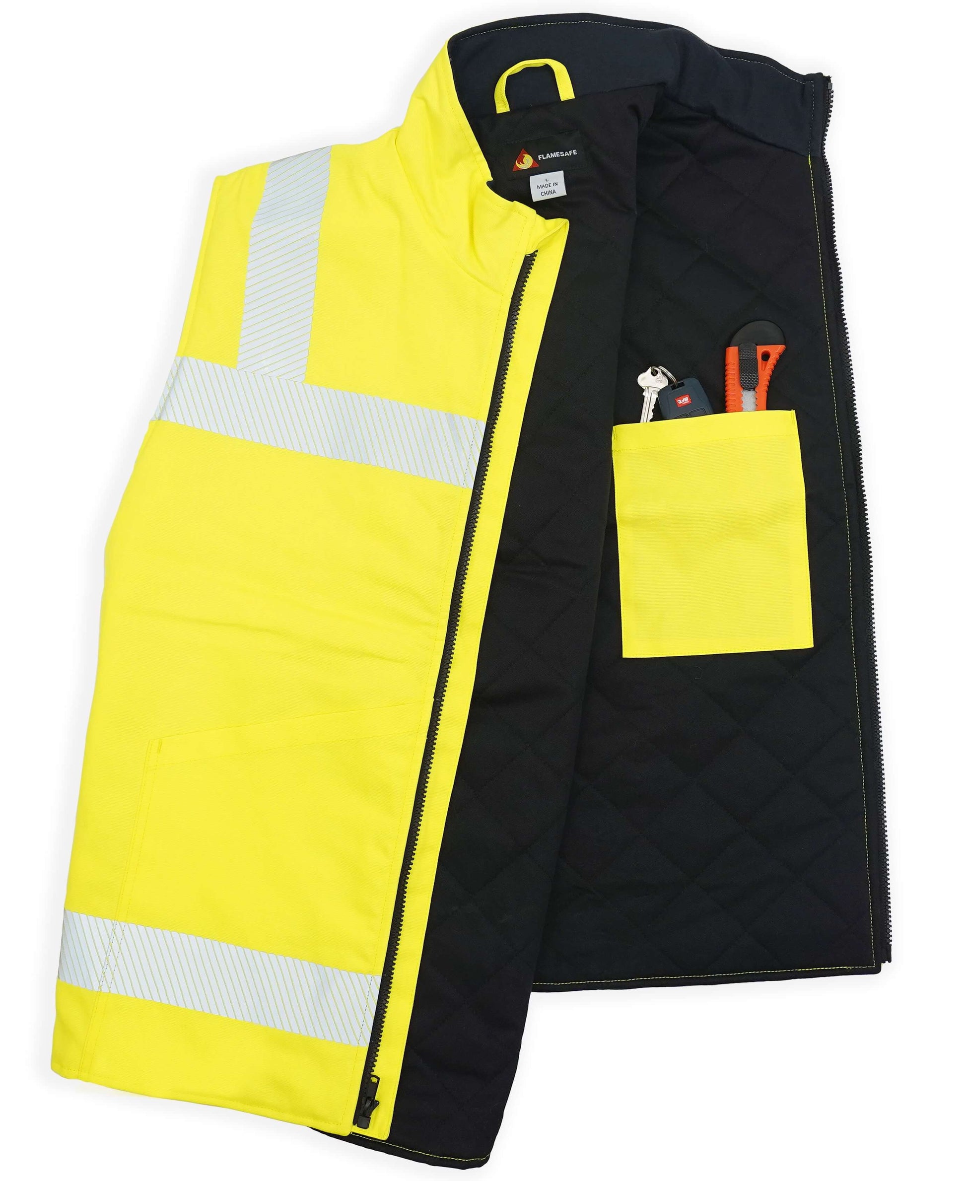 A yellow, high-vis winter vest. It's designed to be flame-resistant and provides warmth and protection for workers in cold weather conditions. The vest has a zip closure and multiple pockets.