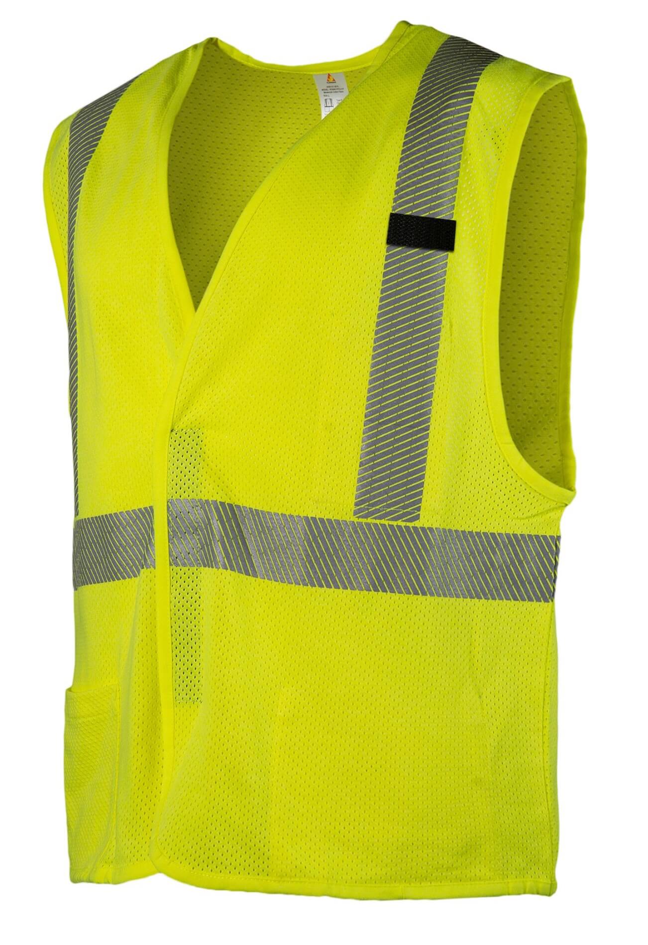 Yellow FR safety vest. The vest is high-visibility and has reflective stripes. It's designed for use in low-light conditions and provides enhanced visibility for workers on the job.