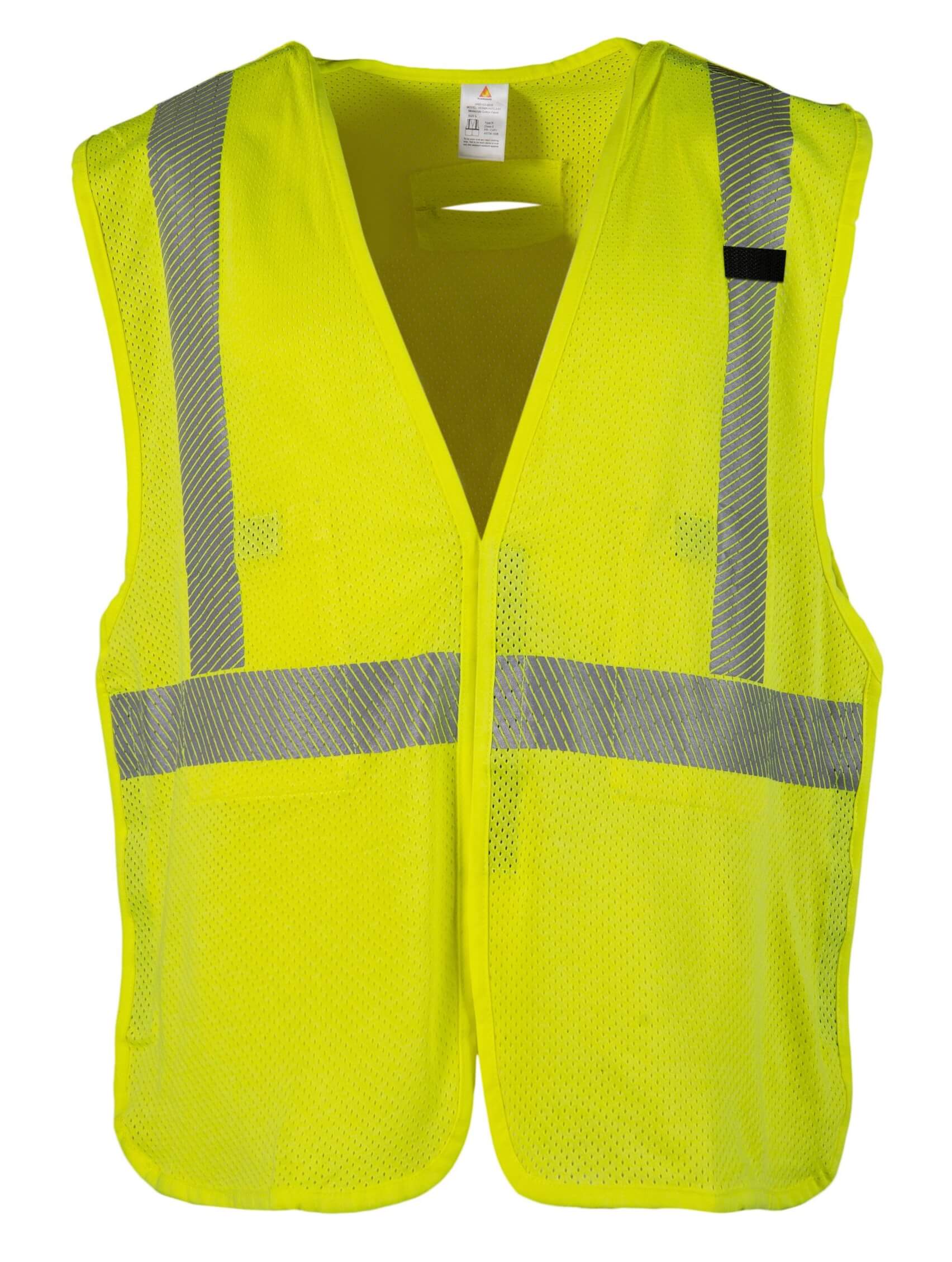 Yellow FR safety vest. The vest is high-visibility and has reflective stripes. It's designed for use in low-light conditions and provides enhanced visibility for workers on the job.