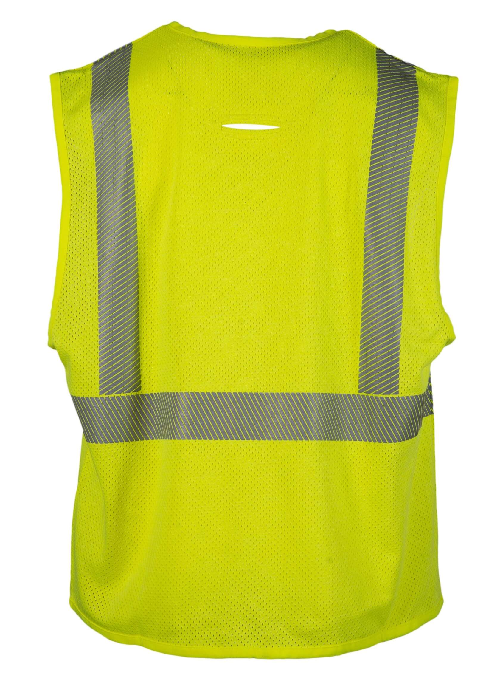 Yellow FR safety vest. The vest is high-visibility and has reflective stripes. It's designed for use in low-light conditions and provides enhanced visibility for workers on the job.