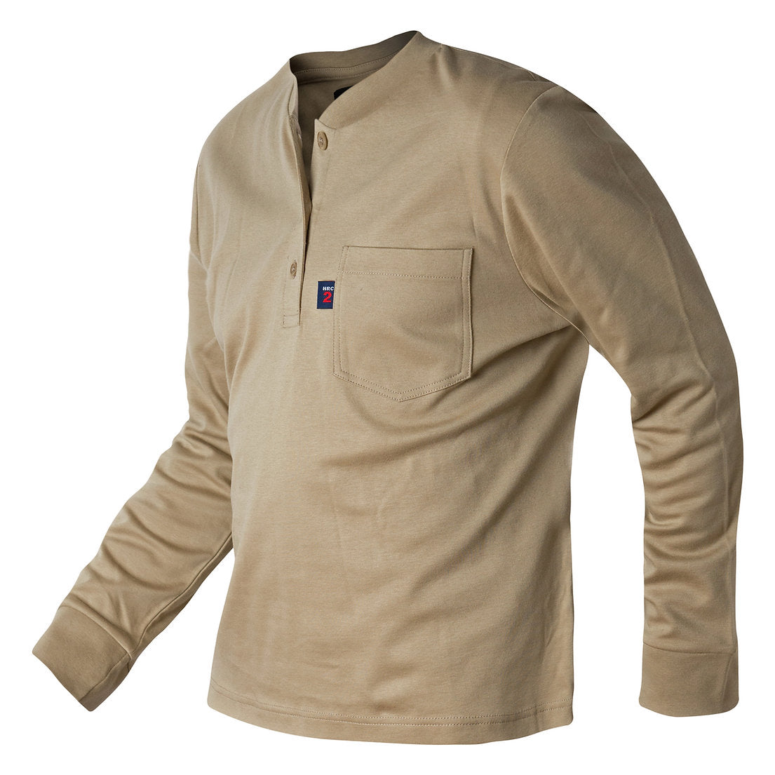 A Khaki Henley shirt. The shirt is flame-resistant and provides protection against arc flashes and other workplace hazards. It's made from a comfortable, breathable fabric and is perfect for construction, industrial, and outdoor workers.