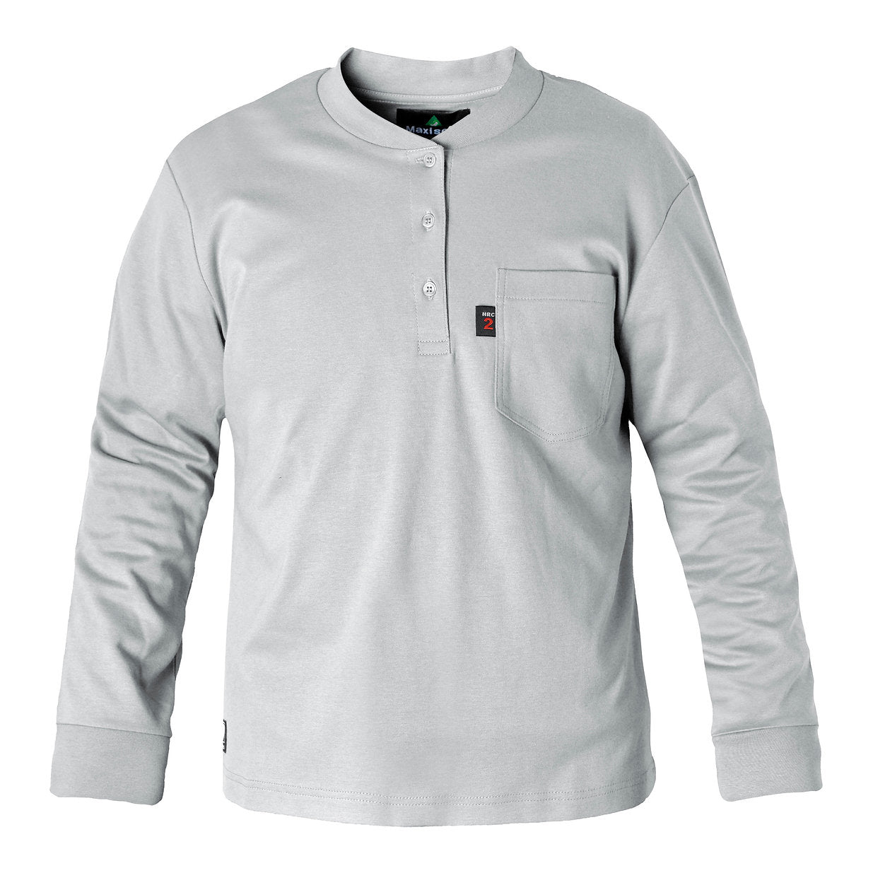 A gray Henley shirt. The shirt is flame-resistant and provides protection against arc flashes and other workplace hazards. It's made from a comfortable, breathable fabric and is perfect for construction, industrial, and outdoor workers.