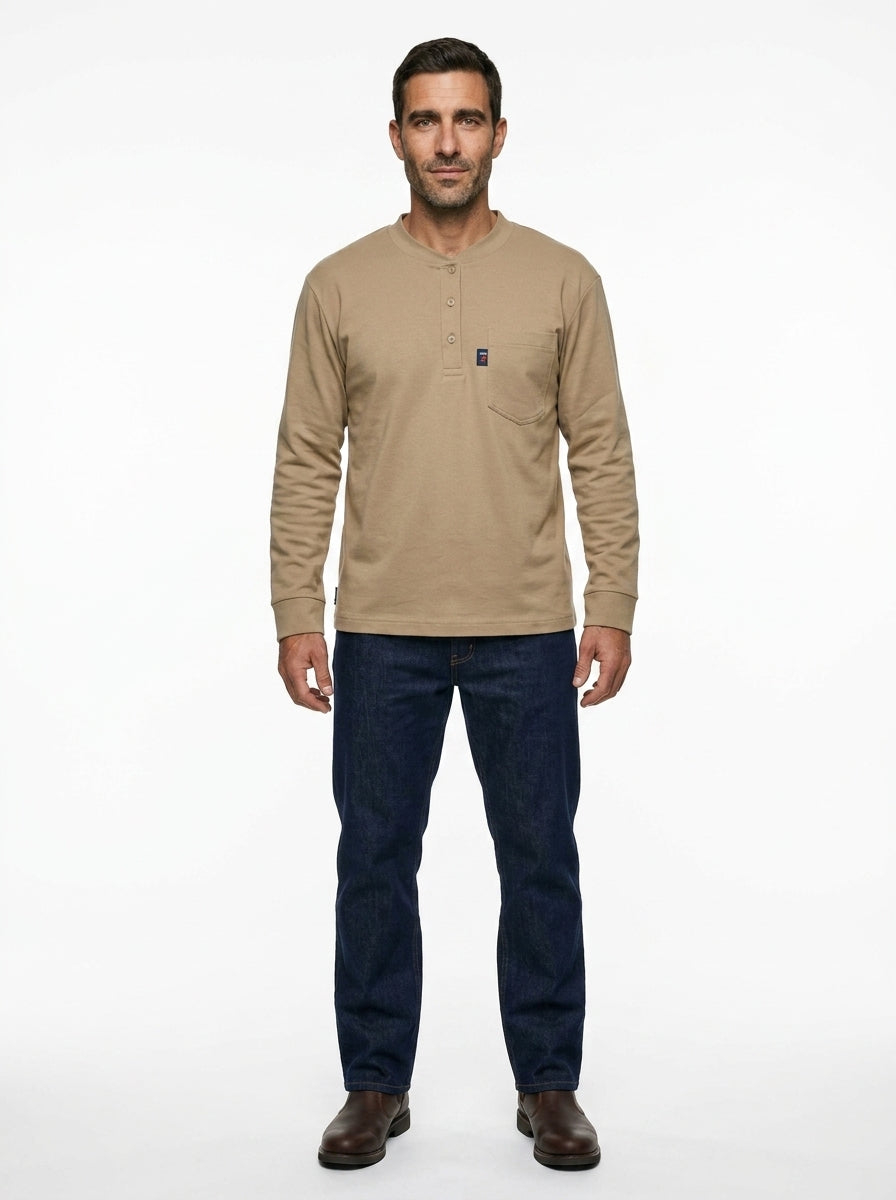 Flame Resistant Henley Shirt — On Model - Neutral | Generated by Modelize