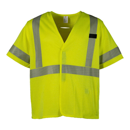 A yellow, high-vis safety vest. The vest is Class 3 rated, meaning it's highly visible in low-light conditions. It's made from flame-resistant material and has reflective strips for added safety. The vest is lightweight and comfortable to wear, with Velcro closures for easy on and off.